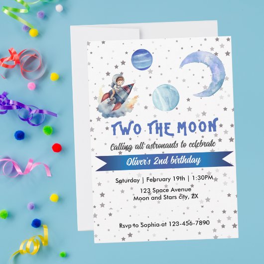 Invitation Deux Fusée Espace Lune Garçon Bleu 2e Anniversaire