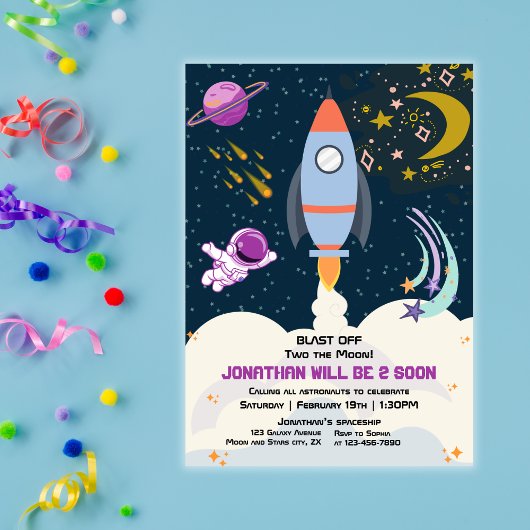 Invitation Deux Garçon Lune Espace Fusée 2e Anniversaire