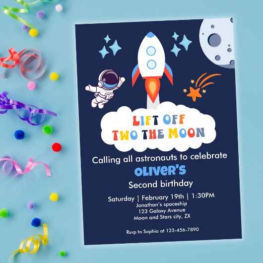 Invitation Deux Garçon Lune Espace Fusée Décollage 2e Anniver
