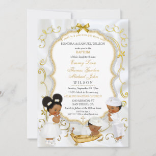 Invitation Deux garçons et une fille baptême christening or
