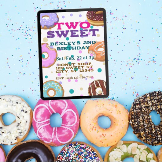 Invitation DEUX gâteaux doux, donuts et points 2e anniversair