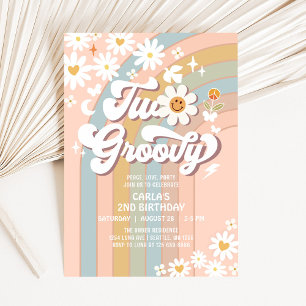 Invitation DEUX Groovy Daisy Hippie 70's Rétro 2ème Anniversa