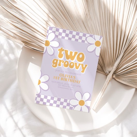 Invitation Deux Groovy Retro Check Lilas Daisy