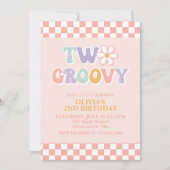 Invitation Deux Groovy Retro Daisy et Checker 2e Anniversaire (Devant)