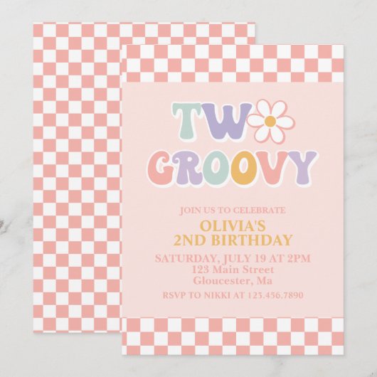 Invitation Deux Groovy Retro Daisy et Checker 2e Anniversaire (Devant / Derrière)