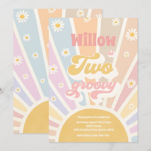 Invitation Deux hippie Super 2e anniversaire Sunshine Daisy (Devant / Derrière)