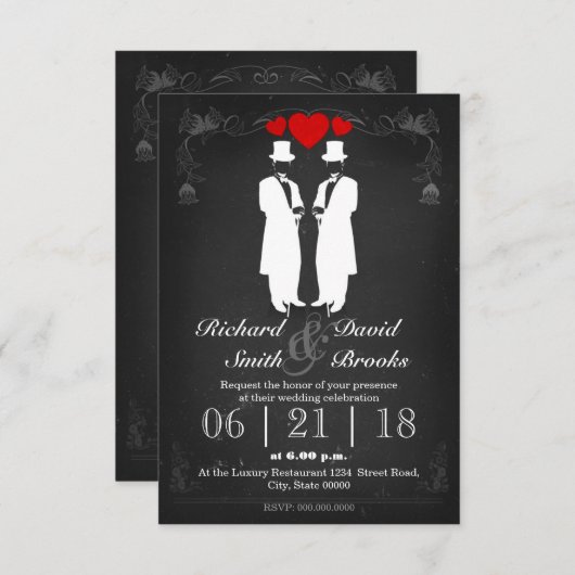 Invitation Deux hommes en smoking avec casquettes - mariage g (Devant / Derrière)
