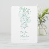 Invitation Deux inséparables ouvert volière mariage vert (Debout devant)