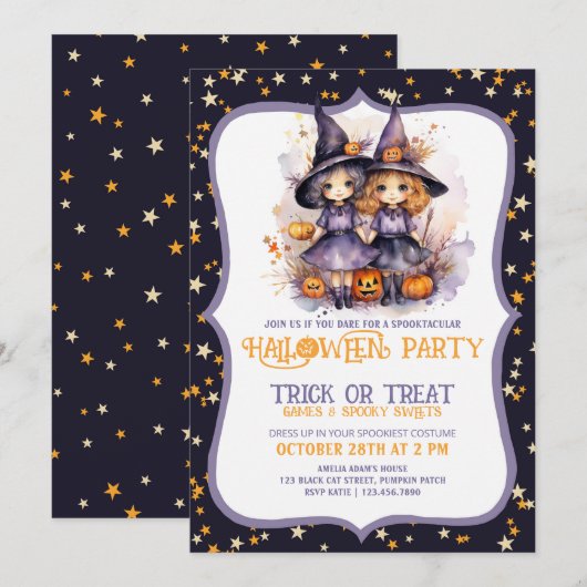 Invitation Deux Jolies Sorcières d'aquarelle violette (Devant / Derrière)