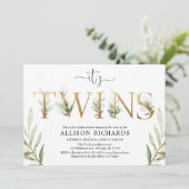 Invitation Deux jumeaux neutres de genre baby shower verdure (Debout devant)
