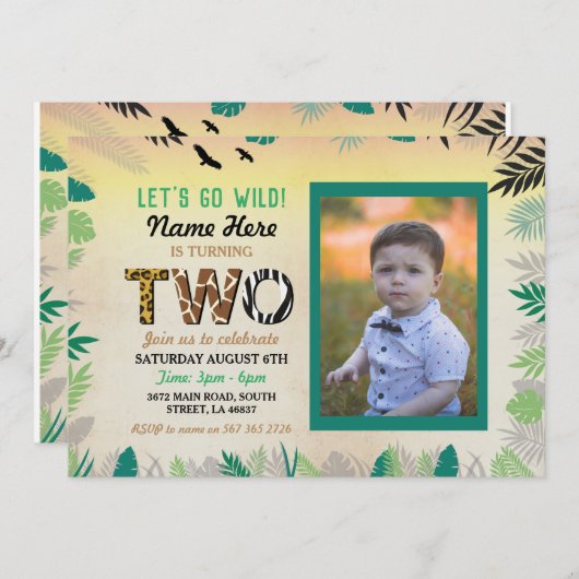 Invitation Deux Jungle 2ème anniversaire de la fête Safari ZO (Devant / Derrière)