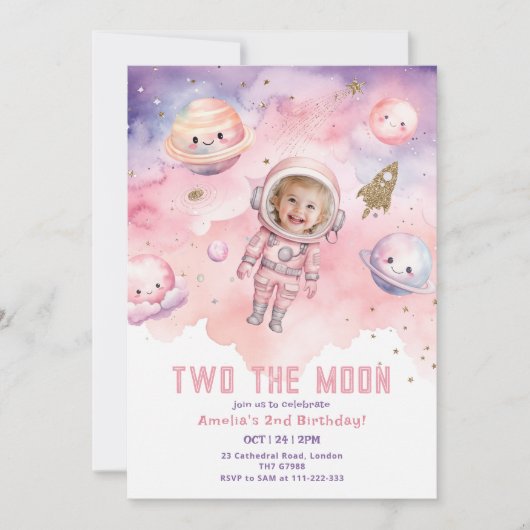 Invitation Deux la fille spatiale de la Lune Astronaut photo  (Devant)