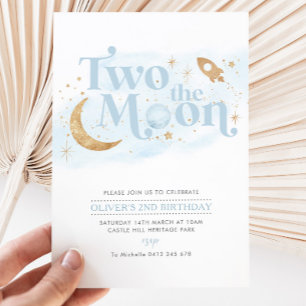 Invitation Deux La Lune 2e anniversaire Boy Blue Gold