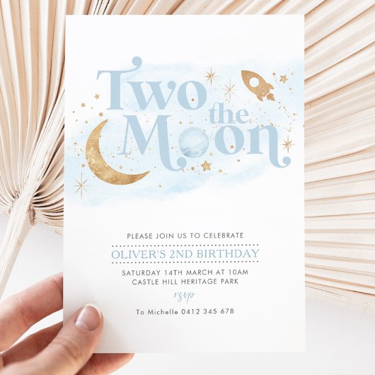 Invitation Deux La Lune 2e anniversaire Boy Blue Gold