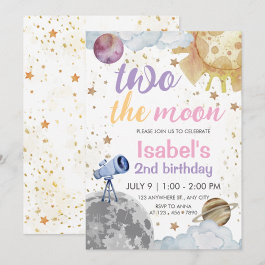 Invitation Deux la Lune 2e Anniversaire Thème de l'espace Ann (Devant / Derrière)