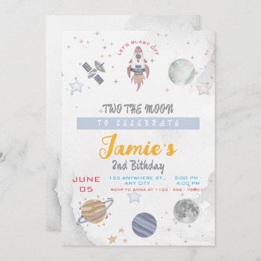 Invitation Deux La Lune 2e fête d'anniversaire (Devant / Derrière)