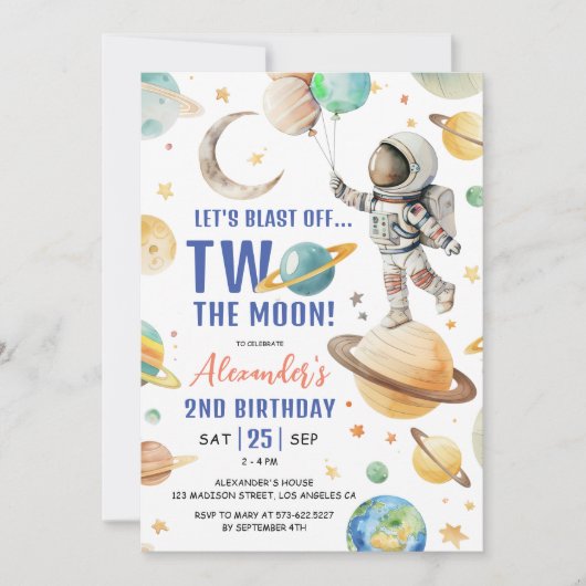 Invitation Deux La Lune ! Boy Astronaut Space 2e anniversaire (Devant)