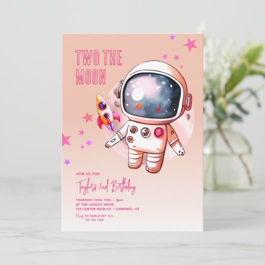 Invitation Deux La Lune Peach Pink 2e Anniversaire (Debout devant)