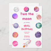 Invitation Deux la lune rose fille 2e anniversaire (Devant / Derrière)