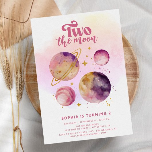 Invitation Deux la lune rose fille 2e anniversaire