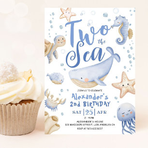 Invitation DEUX La Mer 2e Anniversaire Garçon Bleu Mignon Océ