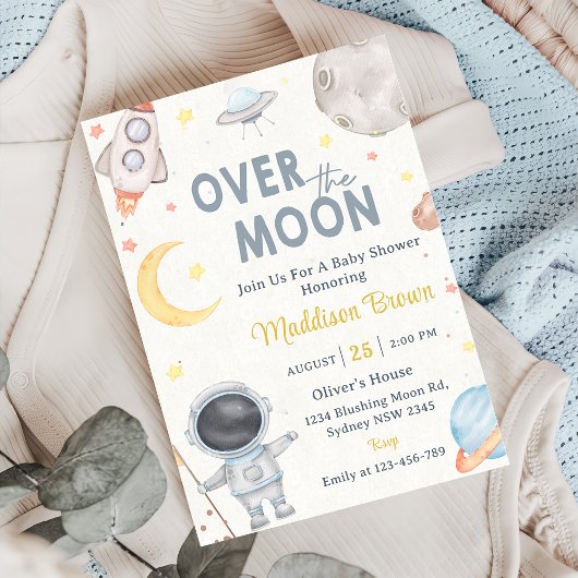 Invitation Deux La Moon Space Blue Baby shower Party