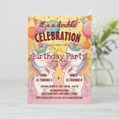 Invitation Deux licornes et ballons Double fête d'anniversair (Debout devant)