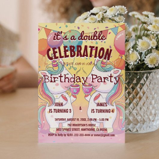 Invitation Deux licornes et ballons Double fête d'anniversair