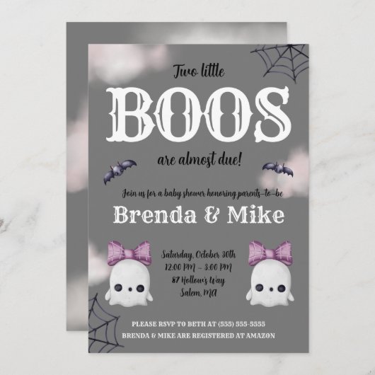 Invitation Deux Little BOOS sont presque dus! Baby shower fan (Devant / Derrière)