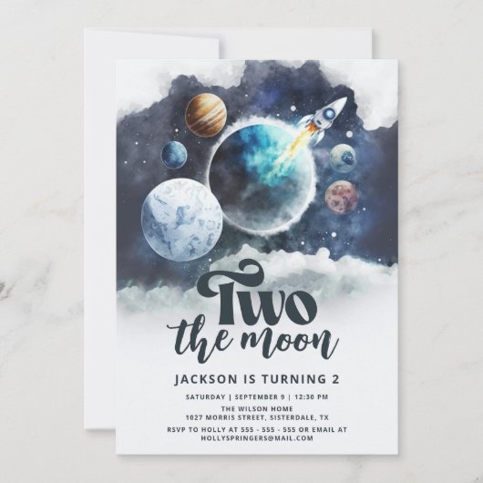 Invitation Deux lune aquarelle Galaxy Moderne 2e anniversaire (Devant)