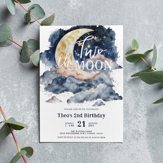 Invitation Deux lune aquarelle garçon 2e anniversaire