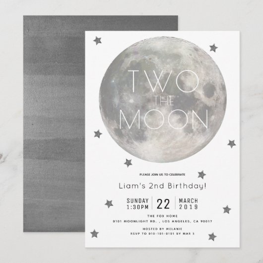 Invitation Deux Lune Blanc Argent Boy 2e anniversaire (Devant / Derrière)