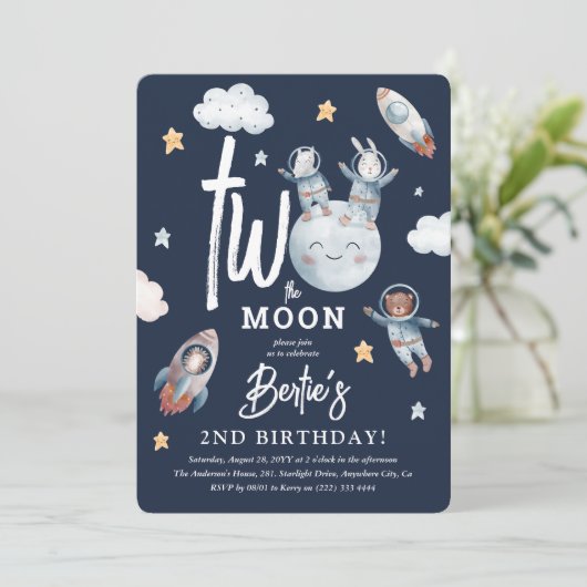 Invitation Deux lune mignonne Space Animaux 2e anniversaire (Debout devant)