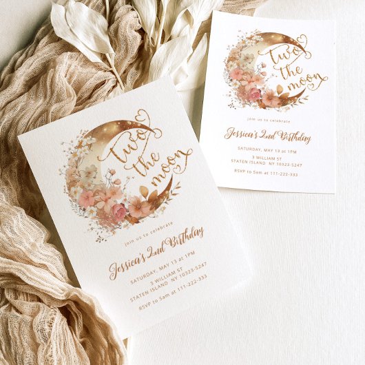 Invitation Deux lune or rose fille 2e anniversaire