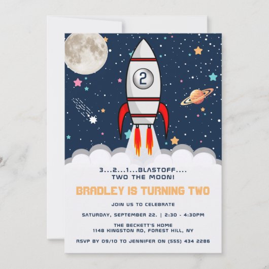 Invitation Deux lune Rocket Ship 2e anniversaire (Devant)