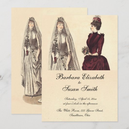 Invitation Deux mariées mariage vintage (Devant / Derrière)