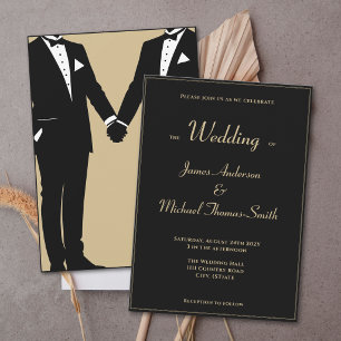 Invitation Deux mariés élégant smoking noir or mariage
