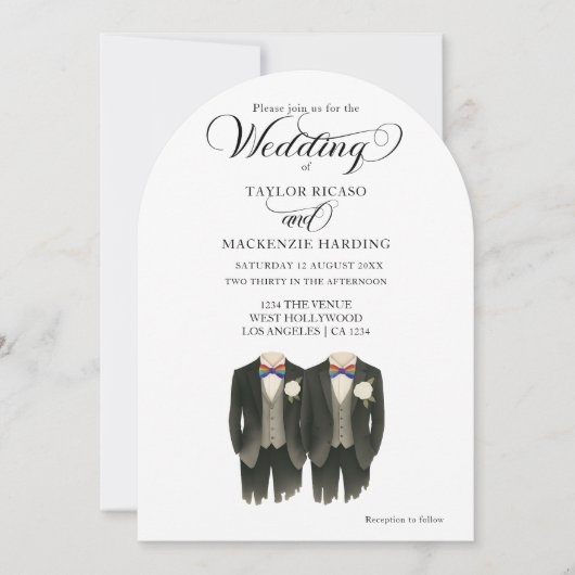 Invitation Deux mariés en Rainbow Cravate photo Mariage gay (Devant)