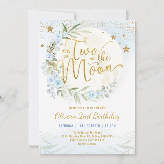 Invitation Deux Moon Blue Gold Floral 2e anniversaire garçon (Devant)