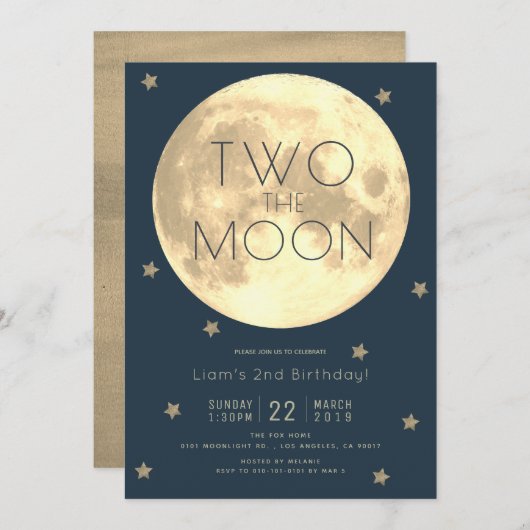 Invitation Deux Moon Navy Blue Boy 2e anniversaire (Devant / Derrière)