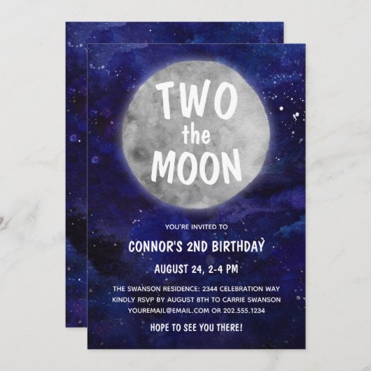Invitation Deux Moon Navy Blue Boy 2e fête d'anniversaire (Devant / Derrière)