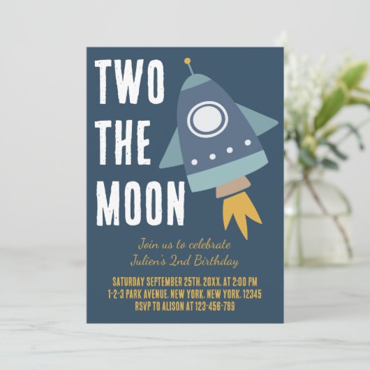 Invitation Deux Moon Space Rocket 2e fête d'anniversaire (Debout devant)