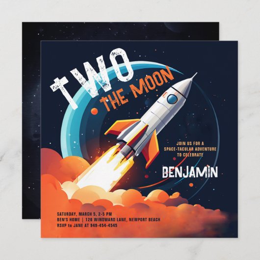Invitation Deux Moon Space Rocket Planets Gary 2e anniversair (Devant / Derrière)