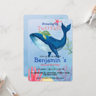 Invitation Deux mûres bleu mer corail tortue baleine Annivers