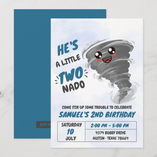 Invitation Deux Nado Tornado Deuxième fête d'anniversaire (Devant / Derrière)