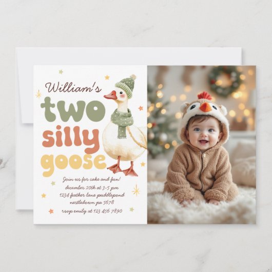 Invitation Deux oies soyeux Noël Vert 2e anniversaire Photo (Devant)