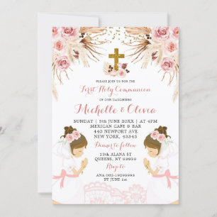 Invitation Deux Pampas Boho Rose Blush Première Communion Sai