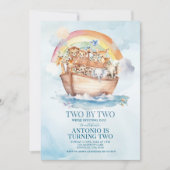 Invitation Deux par deux Arche de Noé bleu aquarelle 2e anniv (Devant)