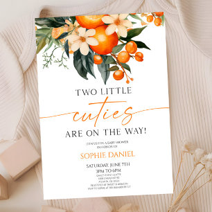 Invitation Deux Petites Cuties Orange Floral Twins Baby showe