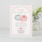 Invitation Deux petits Baby showers Citrouille bleu et rose E (Debout devant)